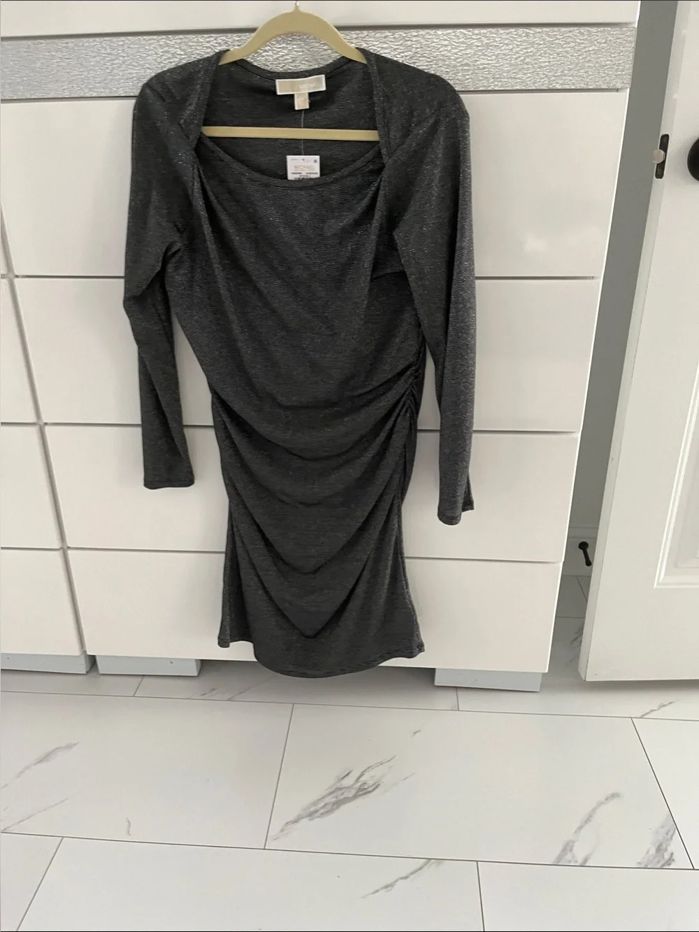 Michael Kors Charcoal Sparkle Long Sleeve Ruched Dress